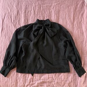 BY MALINA Black Organza Blouse Dramatic Back Bow Semi Sheer L/XL